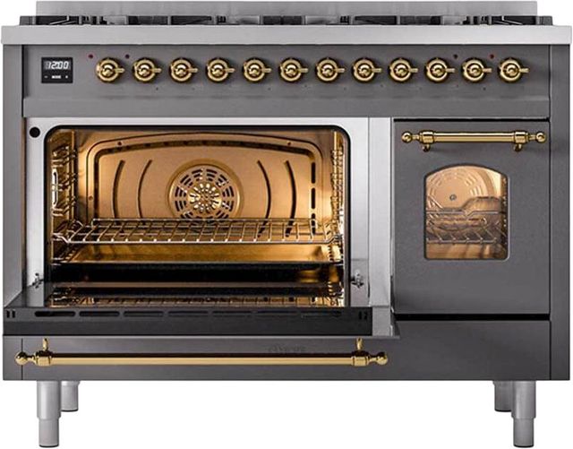 Ilve® Nostalgie II 48" Graphite Matte Pro Style Dual Fuel Range with Brass Trim-2