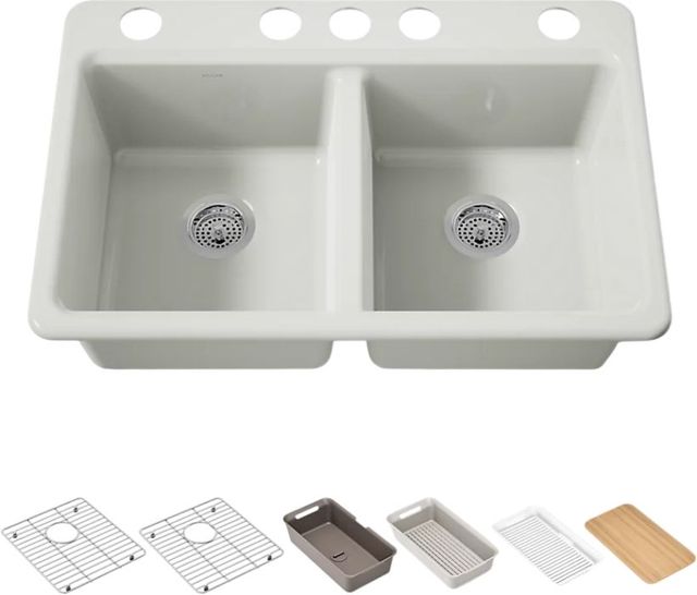 KOHLER® Riverby® Dune 33" Undermount Double-Equal Bowl Workstation Kitchen Sink with Accessories-0