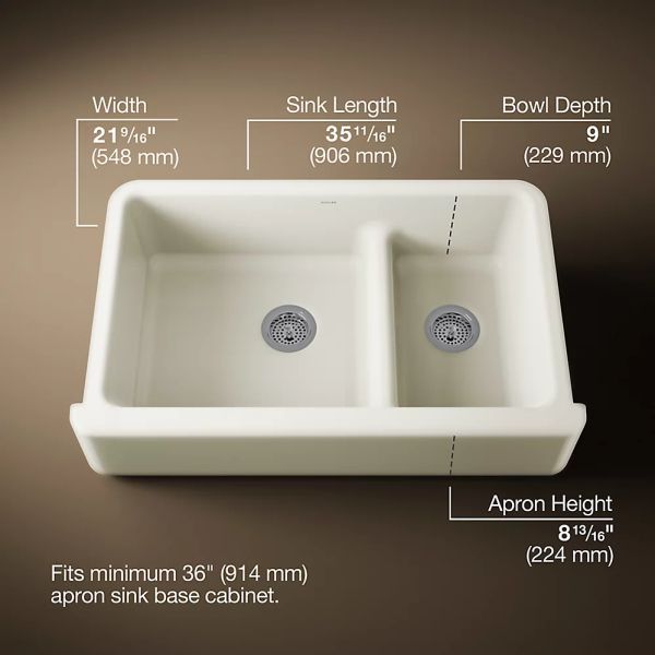 KOHLER® Whitehaven® Biscuit Smart Divide® 36" Undermount Double-Bowl Farmhouse Kitchen Sink-2