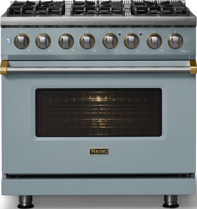 Viking® 5 Series 36" Novembery Sky Pro Style Dual Fuel (LP) Range with Brushed Brass Trim-2
