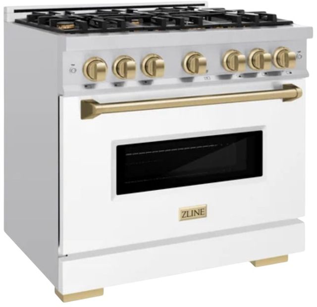 ZLINE Classic Autograph Edition 36" Stainless Steel Pro Style Gas Range with White Matte Door and Polished Gold Accents-2