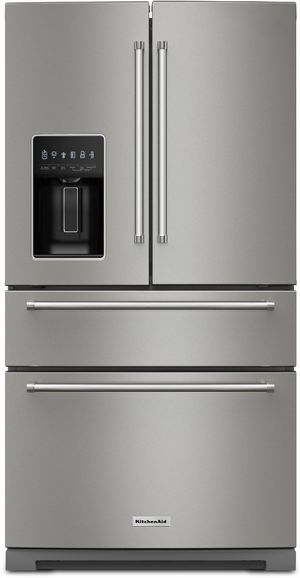 front view of the KitchenAid® 36 in. 26.2 Cu. Ft. PrintShield™ Stainless Steel French Door Refrigerator