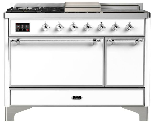 Ilve® Majestic III 48" White Pro Style Dual Fuel Liquid Propane Range with Solid Door and Chrome Trim-0