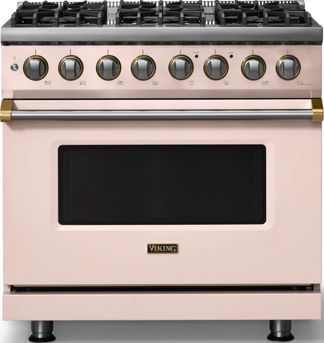 Viking® 5 Series 36" Blush Pro Style Dual Fuel (NG) Range with Brushed Brass Trim-0