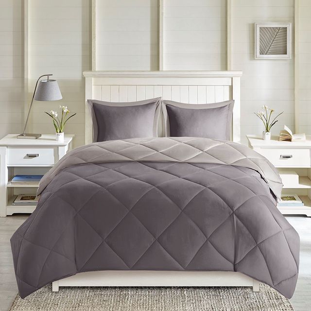 Olliix by Madison Park Essentials Larkspur Charcoal and Grey King 3M Scotchgard Reversible Down Alternative Comforter Set-2