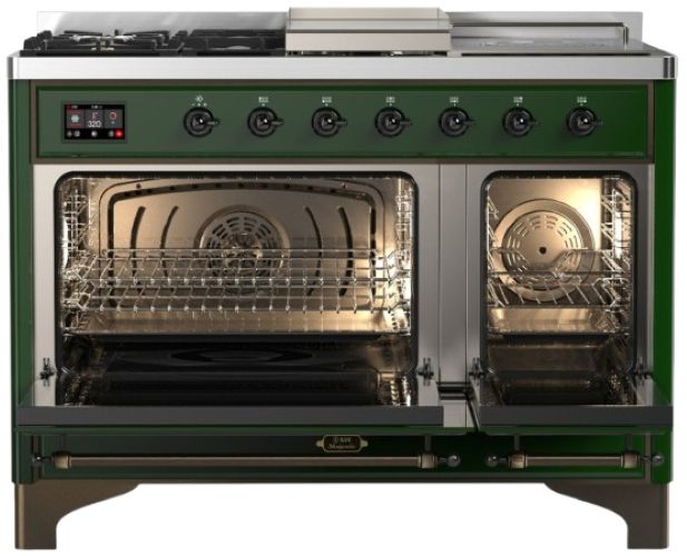 Ilve® Majestic III 48" Emerald Green Pro Style Dual Fuel Natural Gas Range with French Top and Burnished Trim-1