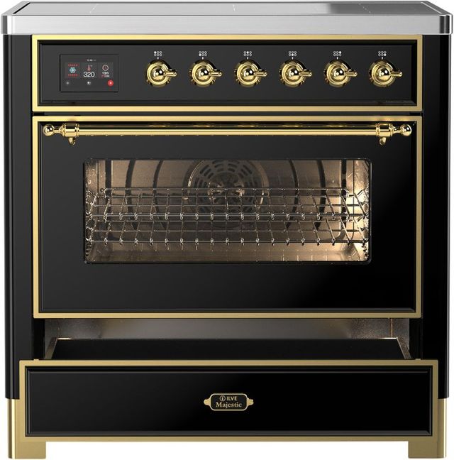 Ilve® Majestic III 36" Glossy Black Pro Style Induction Range with Triple Glass Door and Brass Trim-3