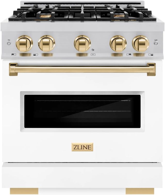 ZLINE Classic Autograph Edition 30" Stainless Steel Pro Style Dual Fuel Range with White Matte Door and Polished Gold Accents-0