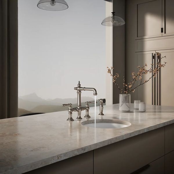 KOHLER® Artifacts® Vibrant Stainless 3-Hole Bridge Bar Sink Faucet with Side Sprayer-2