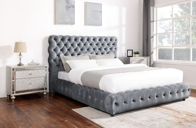 Crown Mark Flory Gray King Upholstered Platform Bed-1