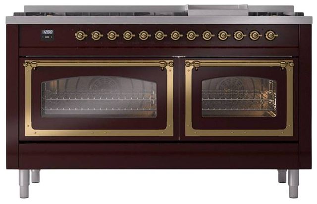 Ilve® Nostalgie II Noblesse 60'' Burgundy Pro Style Dual Fuel Range with Brass Trim-1