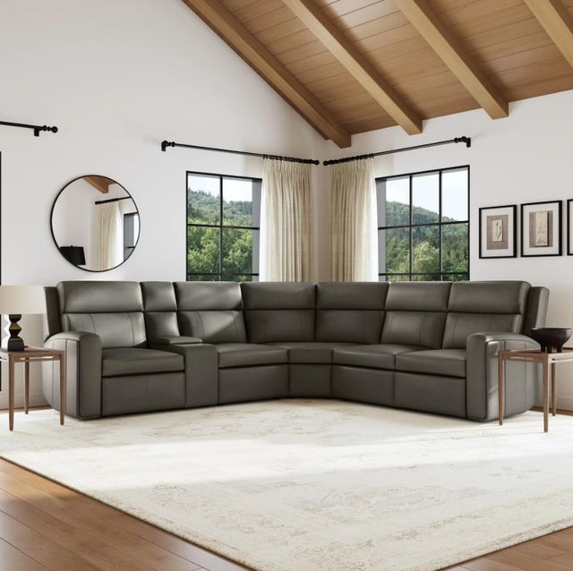 Flexsteel® Wyatt 6-Piece Gunmetal Leather Modular Power Reclining Sectional with Power Headrest and Lumbar-1