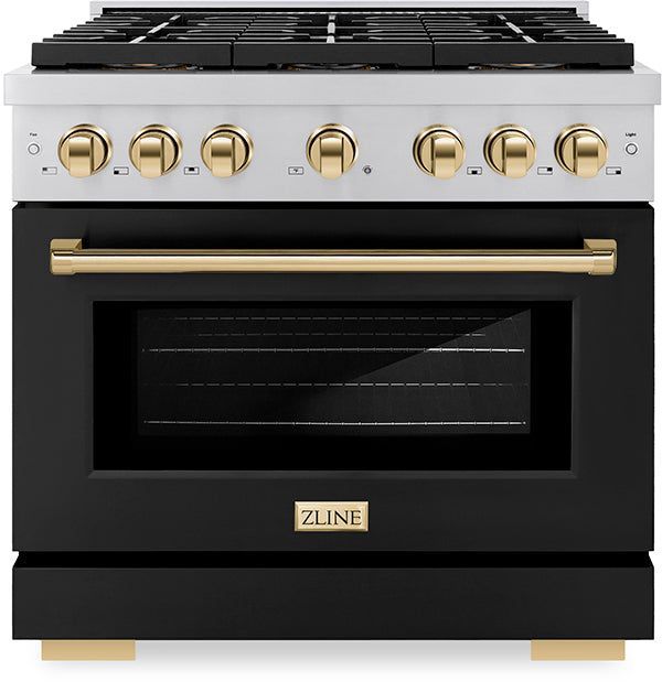 ZLINE Paramount Autograph Edition 36" Stainless Steel Pro Style Gas Range with Black Matte Door and Polished Gold Accents-0