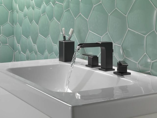 Delta Ara® Matte Black 2-Handle Widespread Channel Bathroom Faucet with Drain-1