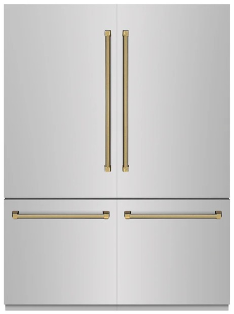 ZLINE Autograph Edition 60 in. 32.2 cu. ft. French Door Built-In Bottom Freezer Refrigerator with Water Dispenser and Ice Maker in Stainless Steel with Graphite Gray Interior and Polished Gold Helix Handles (GRBIVZ-30460KG)