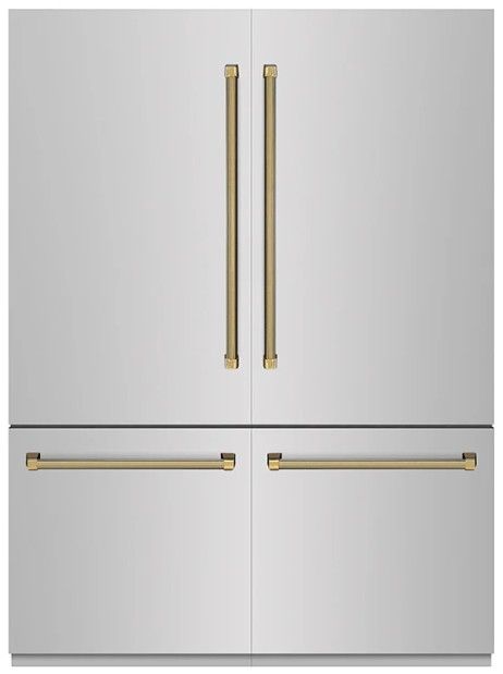 ZLINE Autograph Edition 60" 32.2 Cu. Ft. Stainless Steel with Graphite Gray Interior and Polished Gold Helix Handles French Door Built-In Bottom Freezer Refrigerator with Water Dispenser and Ice Maker -0