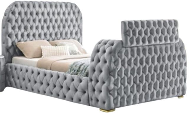 Crown Mark Natalia Gray King Upholstered Panel Bed with Fireplace and  TV Lift-0