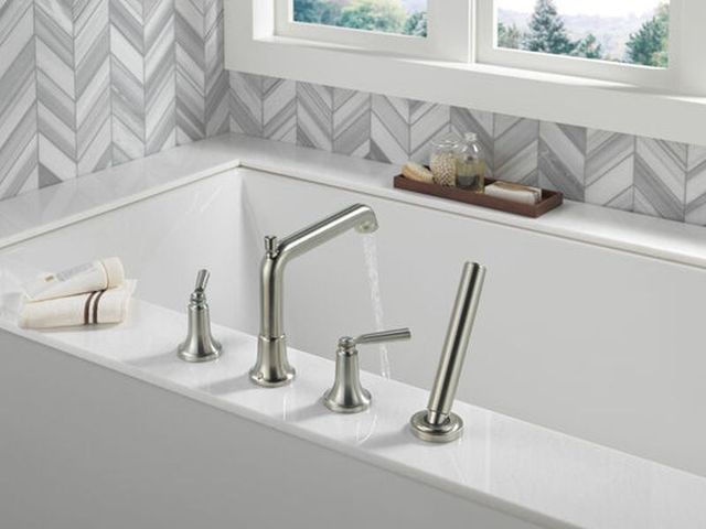 Delta Saylor® Stainless 2-Handle Roman Tub Trim with Hand Shower-1