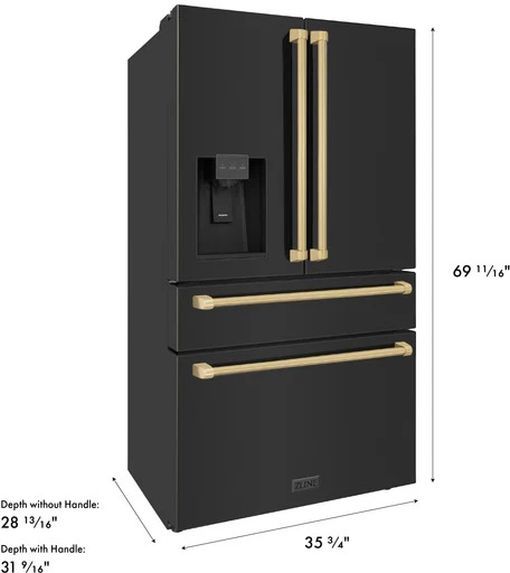 ZLINE Autograph Edition 36" 21.6 Cu. Ft Fingerprint Resistant Black Stainless Steel Counter Depth French Door Refrigerator with Polished Gold Traditional Handles-2