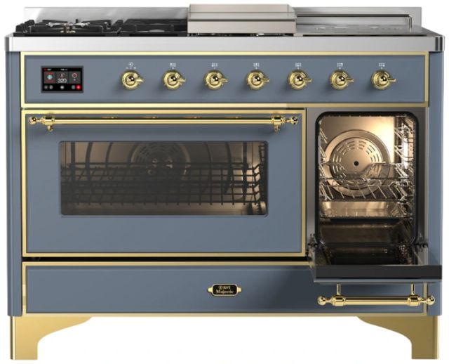 Ilve® Majestic III 48" Blue Gray Pro Style Dual Fuel Liquid Propane Range with 5 Black Brass Burners and Brass Trim-3