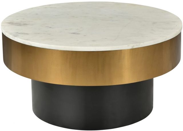 Moe's Home Collection Dado White Marble Top Coffee Table with Gold Metal Rim and Black Iron Base-1