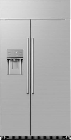 Front view of the Dacor® 42 in. 24.0 Cu. Ft. Silver Stainless Built In Counter Depth Side-by-Side Refrigerator