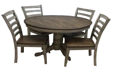 Light Gray Finish & Rustic Brown Solid Wood Pedestal Table & Ladderback Side Chairs-0