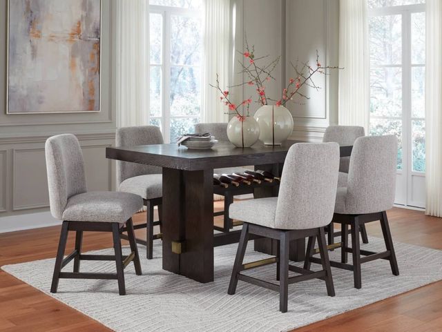 A 7 piece dining configuration with six chairs and a rectangular table A 7 piece dining configuration with six chairs and a rectangular table