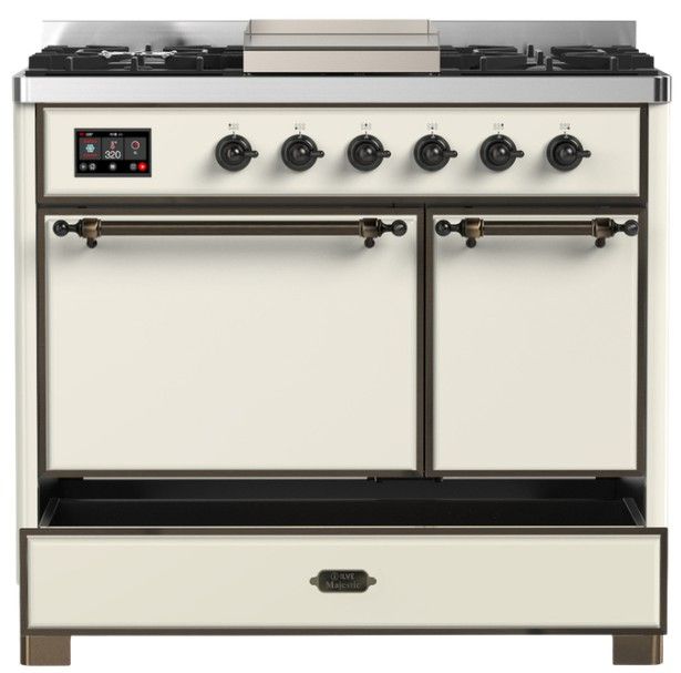 Ilve® Majestic III 40" Antique White Pro Style Dual Fuel Liquid Propane Range with Solid Door and Burnished Trim-2