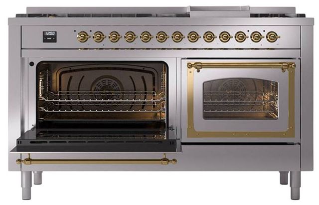 Ilve® Nostalgie II Noblesse 60'' Stainless Steel Pro Style Dual Fuel Range with Brass Trim-3