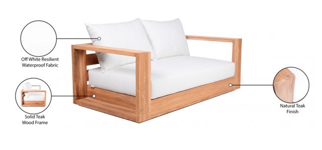Meridian Furniture Rio Natural Teak/Off-White Fabric/Wood Outdoor Patio Loveseat-4