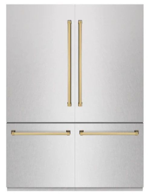 ZLINE Autograph Edition 60" 32.2 Cu. Ft. Satin Stainless Steel Built-In French Door Refrigerator with Champagne Bronze Accents-0