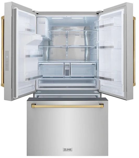 ZLINE Autograph Edition 36" 28.9 Cu. Ft. Stainless Steel Freestanding French Door Refrigerator with Dual Ice Maker and Polished Gold Traditional Handle-1