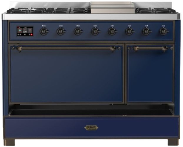 Ilve® Majestic III 48" Midnight Blue Pro Style Dual Fuel Liquid Propane Range with Solid Door and Burnished Trim-2