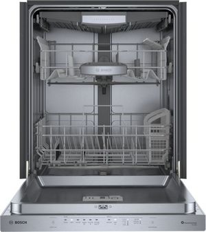 Front view of an opened Bosch® 500 Series 24" Stainless Steel Top Control Built In DishwasherBosch® 500 Series 24" Stainless Steel Top Control Built In Dishwasher