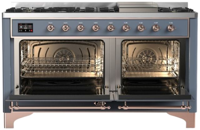 Ilve® Majestic III 60" Blue Gray Pro Style Dual Fuel Liquid Propane Range with Solid Door and Copper Trim-1