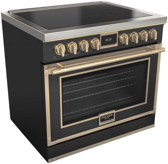 Fulgor Milano® Evoque 400 Series 36” Glossy Black Pro Style Induction Range with Brushed Brass Trim-0