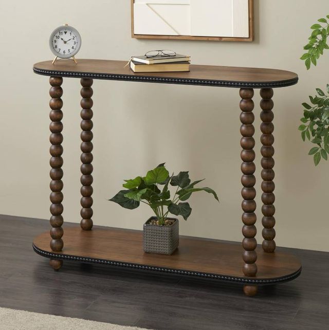 Deco Marche Brown Oval Spindle Console Table with Beaded Edges-3