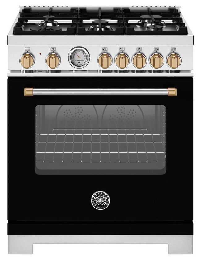 Bertazzoni Master Series 30" Fingerprint Resistant Nero Matt Pro Style Dual Fuel Range with Gold Accents-0