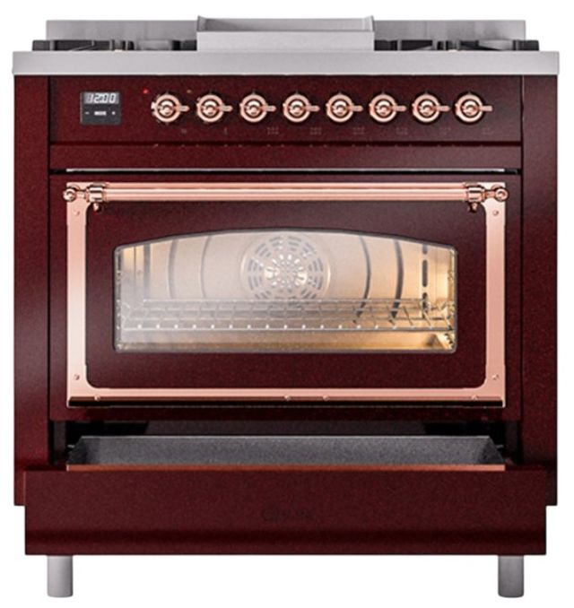 Ilve® Nostalgie II Noblesse 36'' Burgundy Pro Style Dual Fuel Range with Copper Trim-3