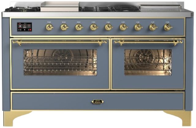 Ilve® Majestic III 60" Blue Gray Pro Style Dual Fuel Liquid Propane Range with French Top and Brass Trim-0