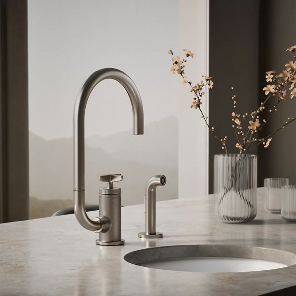 KOHLER® Billet® Vibrant Stainless 16" Single Cross-Handle Bar Sink Faucet with 2-Function Extended-Reach Spout and Side Sprayer-1