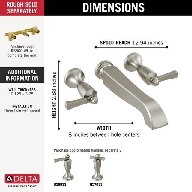 Delta Dorval® Stainless 2-Handle Wall Mount Tub Filler-1