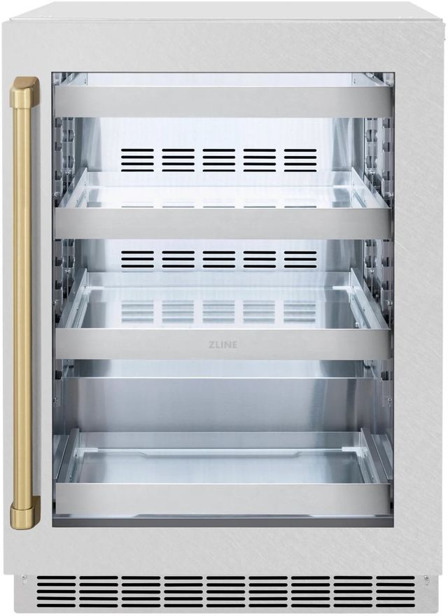 ZLINE Autograph Edition Touchstone 24" 5.2 Cu. Ft. Satin Stainless Steel Beverage Center with Glass Door and Champagne Bronze Handle-0