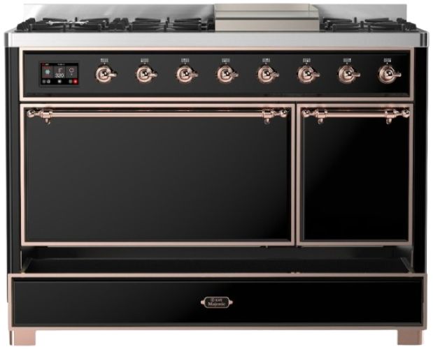 Ilve® Majestic III 48" Glossy Black Pro Style Dual Fuel Liquid Propane Range with Solid Door and Copper Trim-2