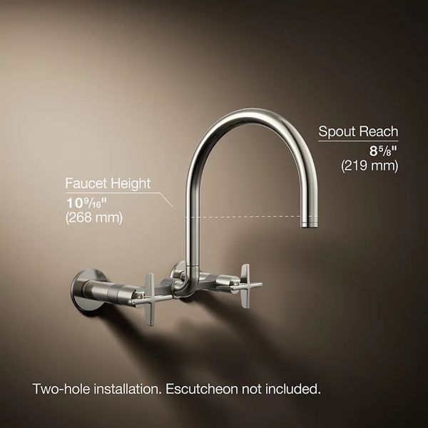 KOHLER® Billet® Vibrant Polished Nickel 12" 2-Hole Wall-Mount Bridge Kitchen Sink Faucet with Cross Handles-4