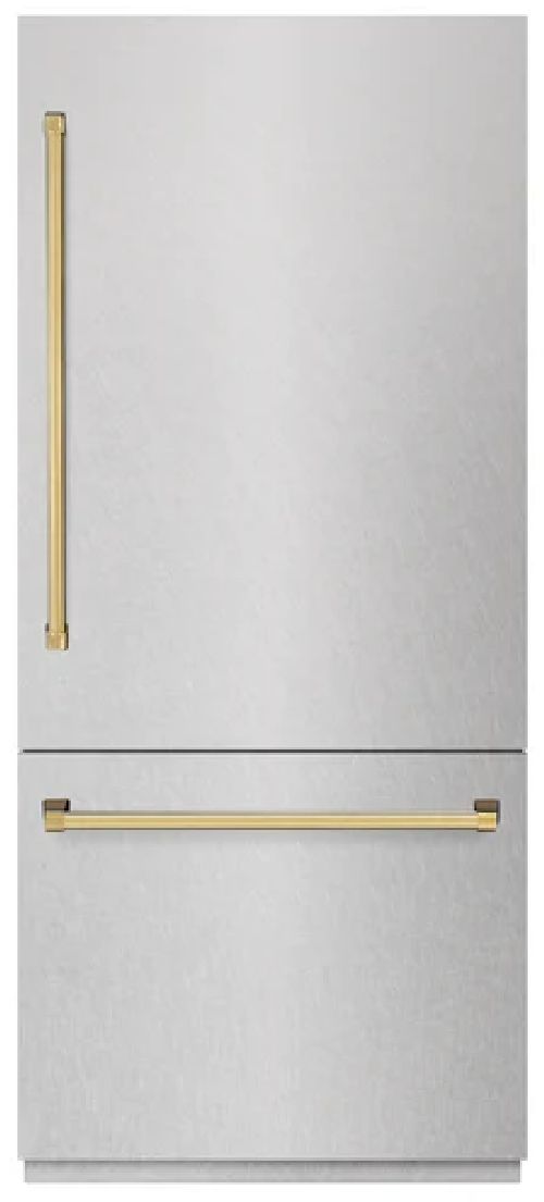 ZLINE Autograph Edition 36" 19.8 Cu. Ft Satin Stainless Steel Built-In Bottom Freezer Refrigerator with Graphite Gray Interior and Polished Gold Accents-0