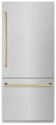 ZLINE Autograph Edition 36" 19.8 Cu. Ft Satin Stainless Steel Built-In Bottom Freezer Refrigerator with Graphite Gray Interior and Polished Gold Accents-0
