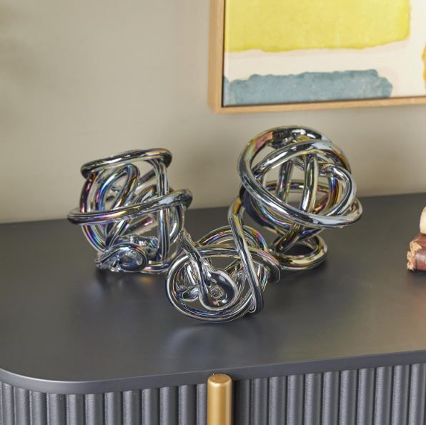 Deco Marche 3-Piece Dark Gray Glass Iridescent Knotted Ball Decorative Sculpture Set-4