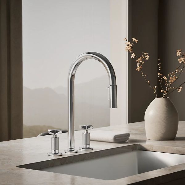KOHLER® Billet® Polished Chrome Kitchen Sink Faucet with 2-Function Sprayhead and Cross Handles-1